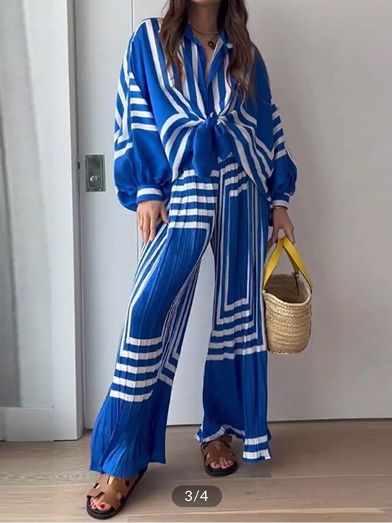 Commense Pants - Commense Blue & White Wide-Leg Striped Set Pants